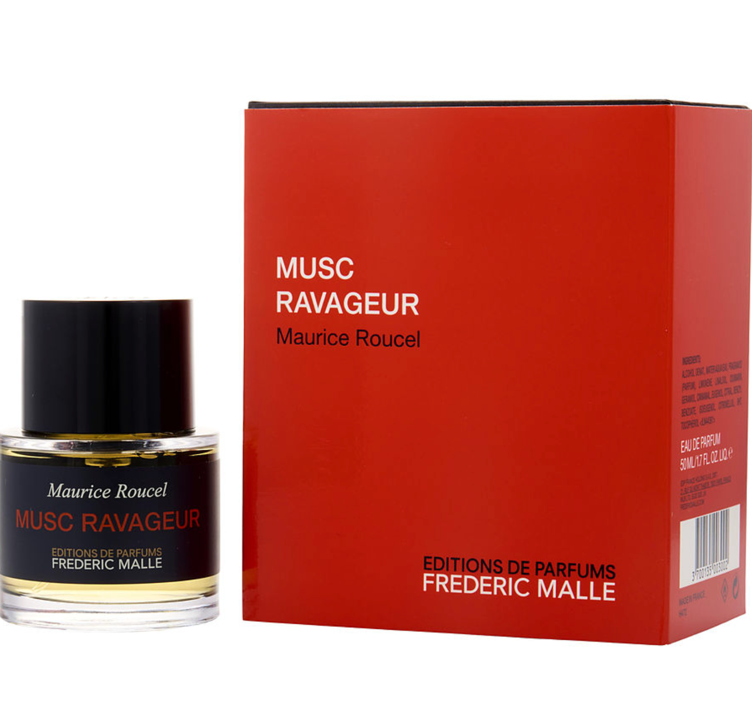 3.4 oz bottle of frederic malle's musc ravageur and packaging